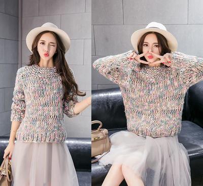 艾美妮2016明星同款羊絨針織衫寬松大版圓領花色粗線毛衣外套